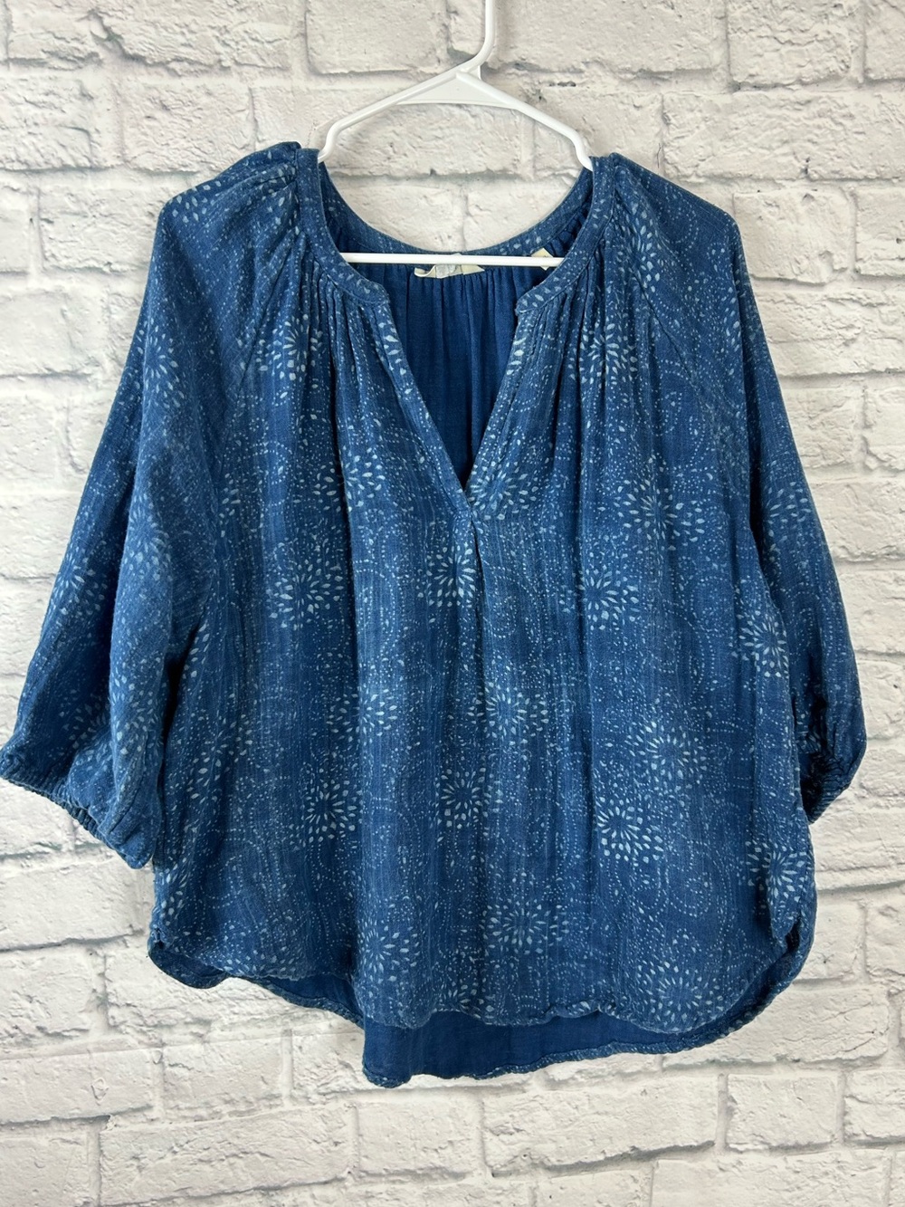 Faherty XXL Indigo Organic Cotton Printed Peasant Blouse Boho Tunic Top